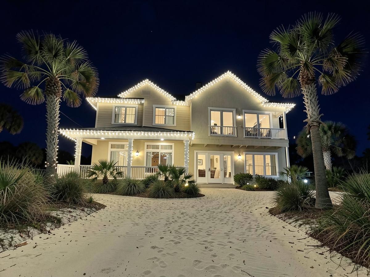 Two-story coastal home with warm white Christmas lights along the roofline in Navarre, Florida