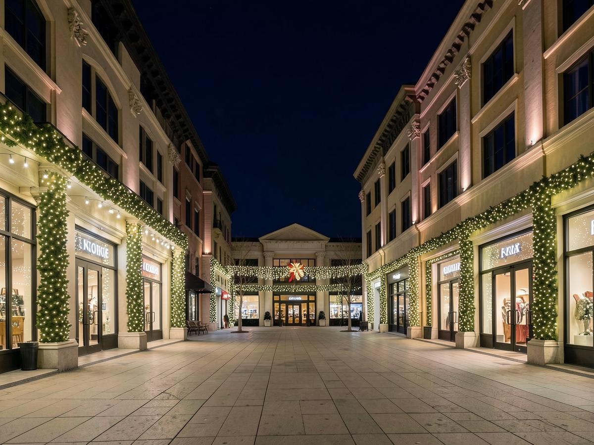 Storefront plaza in Destin decorated with warm white commercial holiday lighting