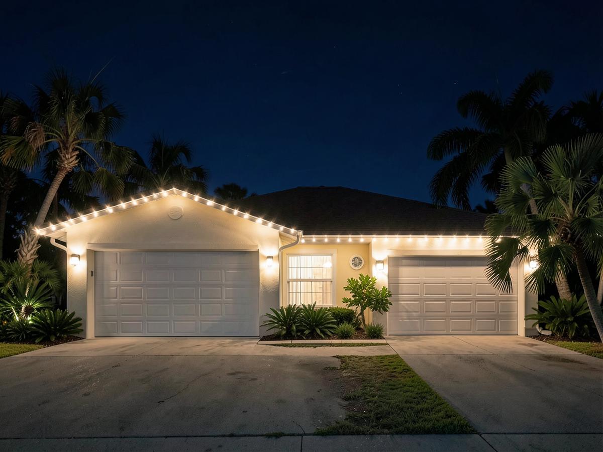 Single-story Florida home outlined in warm white C9 bulbs in Milton