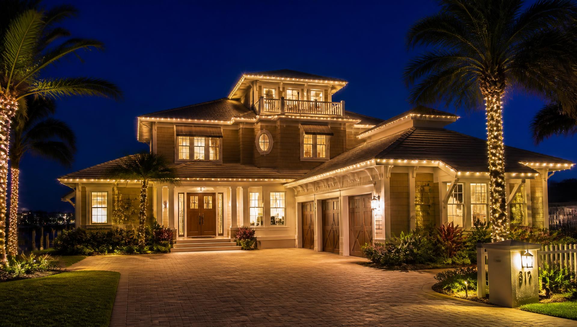 Coastal Florida home at night outlined with warm white Christmas lights